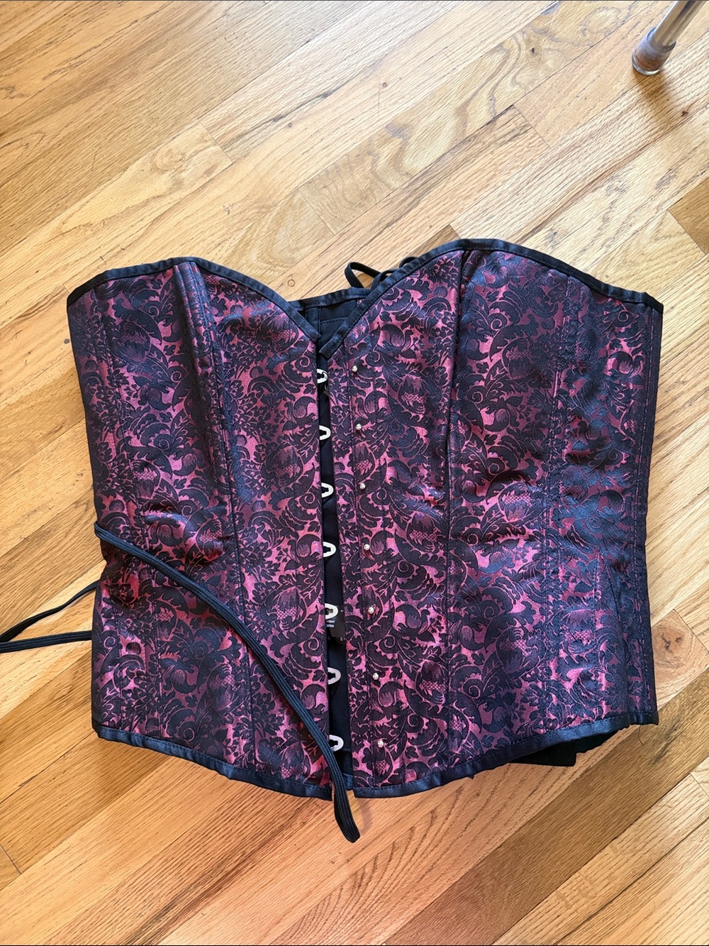 Women's Black and Pink Brocade Corset - Strapless Lace-Up Waist Cincher
